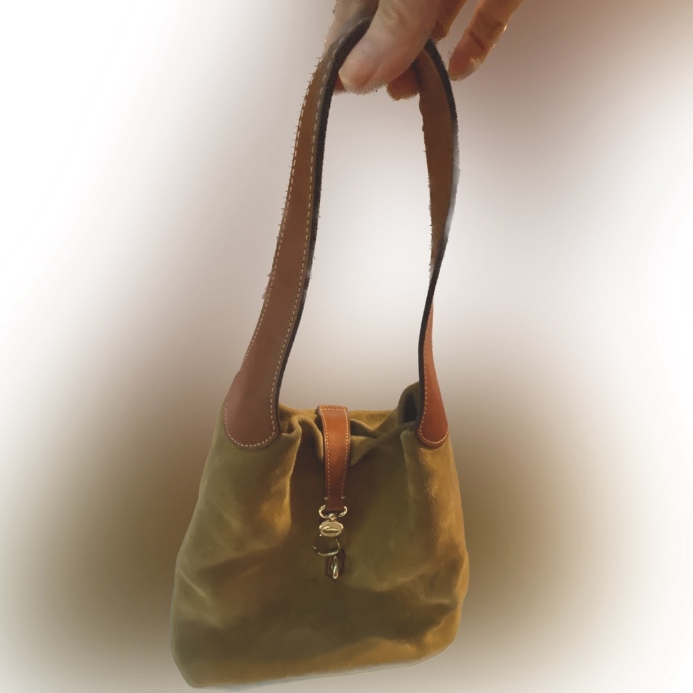 Dooney & Bourke Tan Suede Hobo Shoulder Bag. - Picture 3 of 12